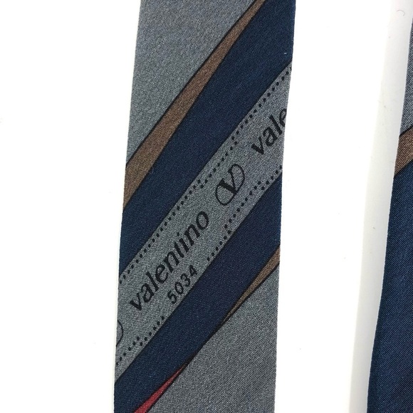 Valentino Italy Neck Tie Monogram Logo Blue Gray Red Stripe One Size - Picture 2 of 7